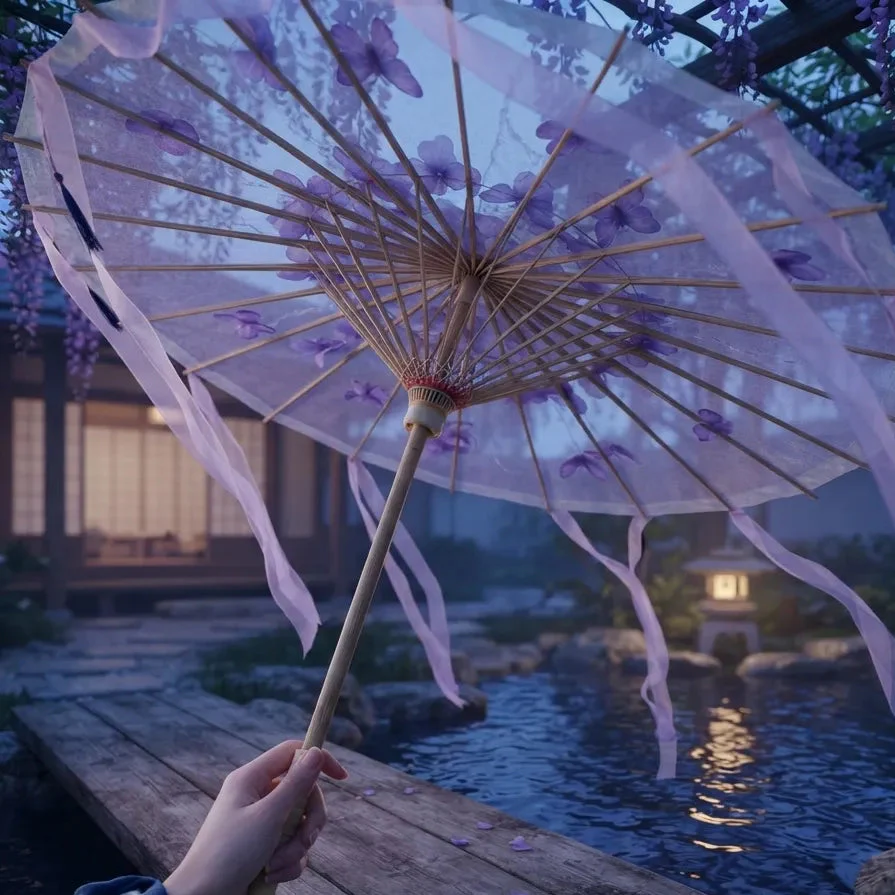 Ombrelle Japonaise Violette Fleurie à Franges - Image 3