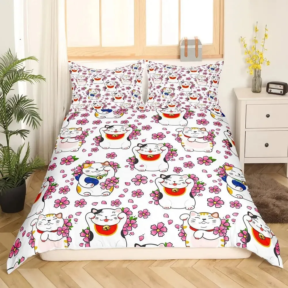Parure de Lit Japonaise Blanche Chat Porte-Bonheur