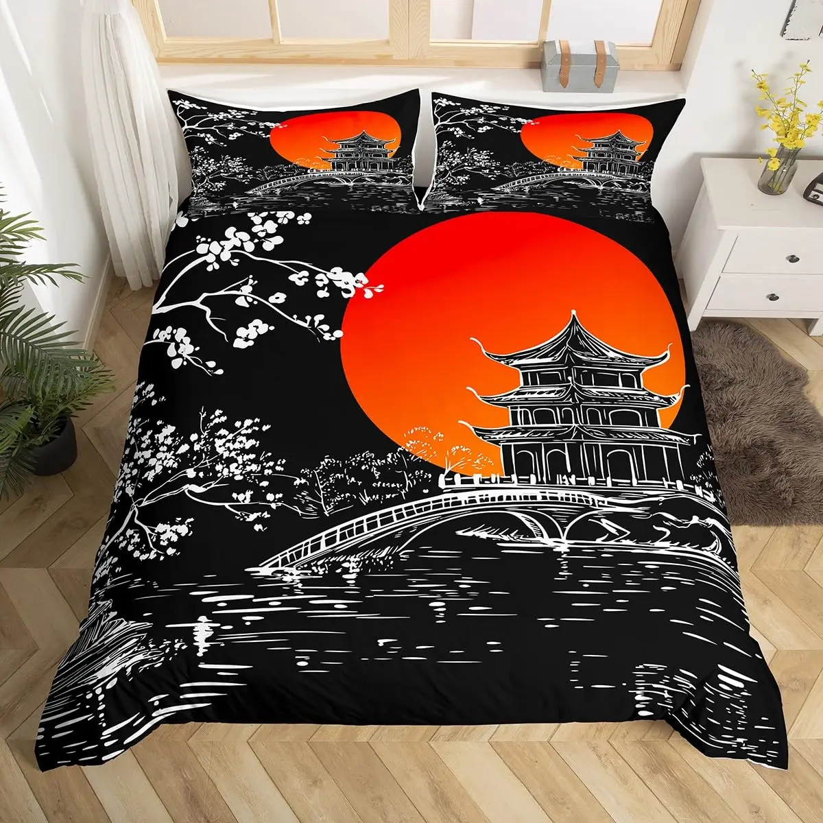 Parure de Lit Japonaise Noire Temple Chic