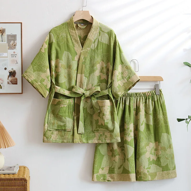 Pyjama Japonais Femme Vert Fleuri - Image 3