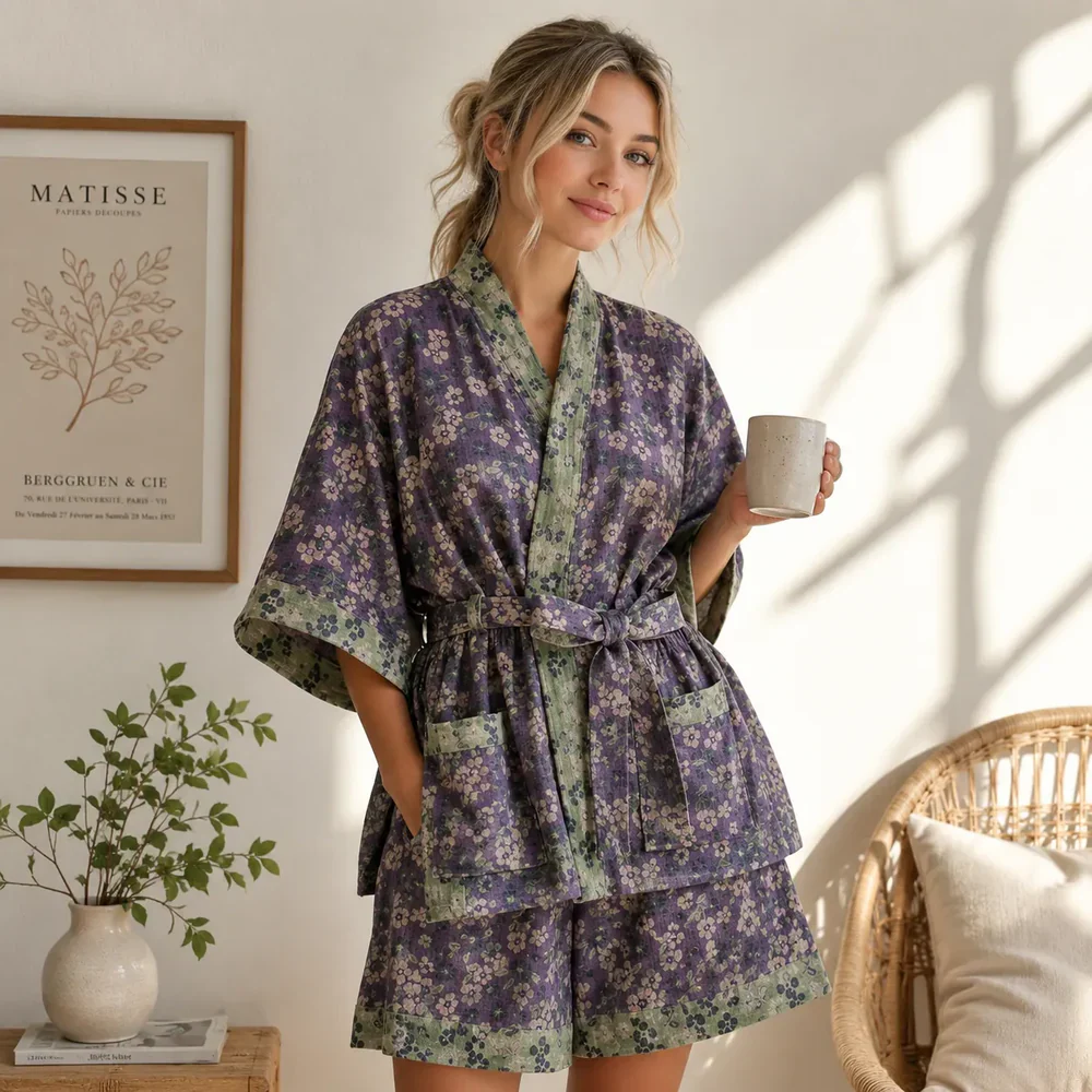 Pyjama Japonais Femme Violet Floral - Image 2