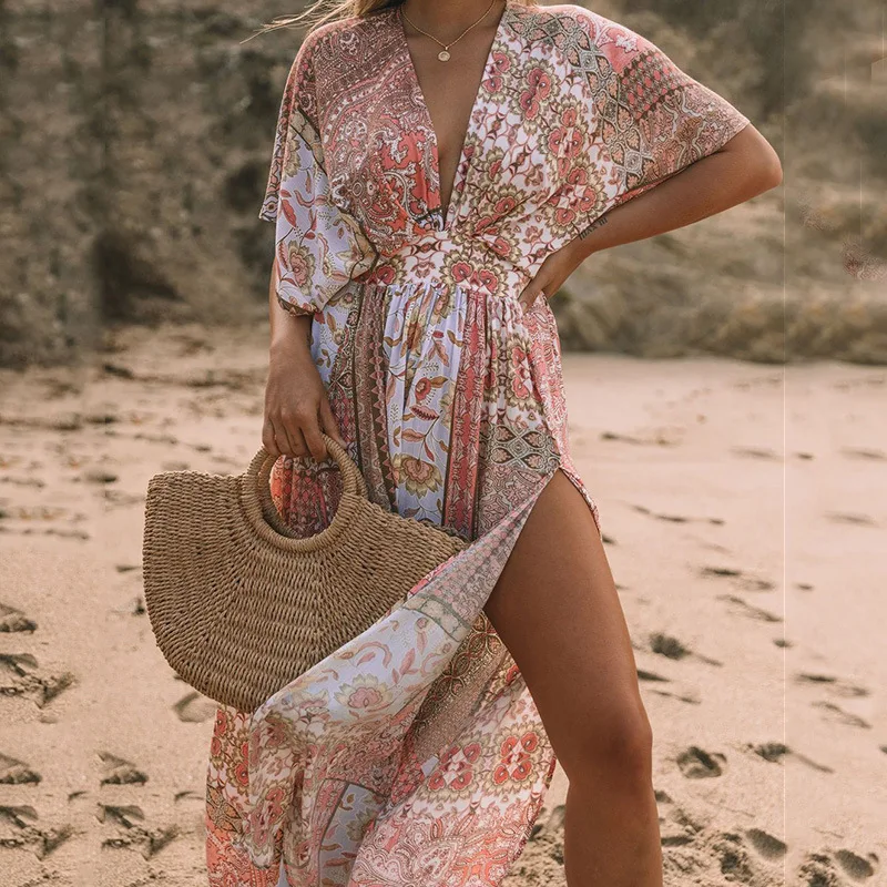 Robe Kimono de Plage Rose Boho - Image 2