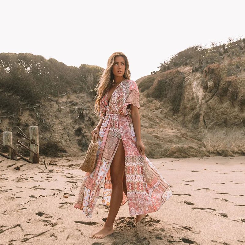 Robe Kimono de Plage Rose Boho - Image 3