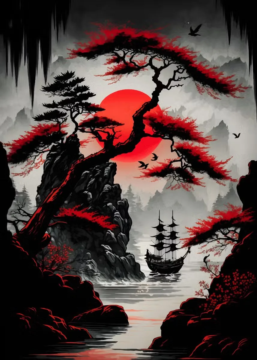 Tableau Japonais Temple et Montagnes - Image 3