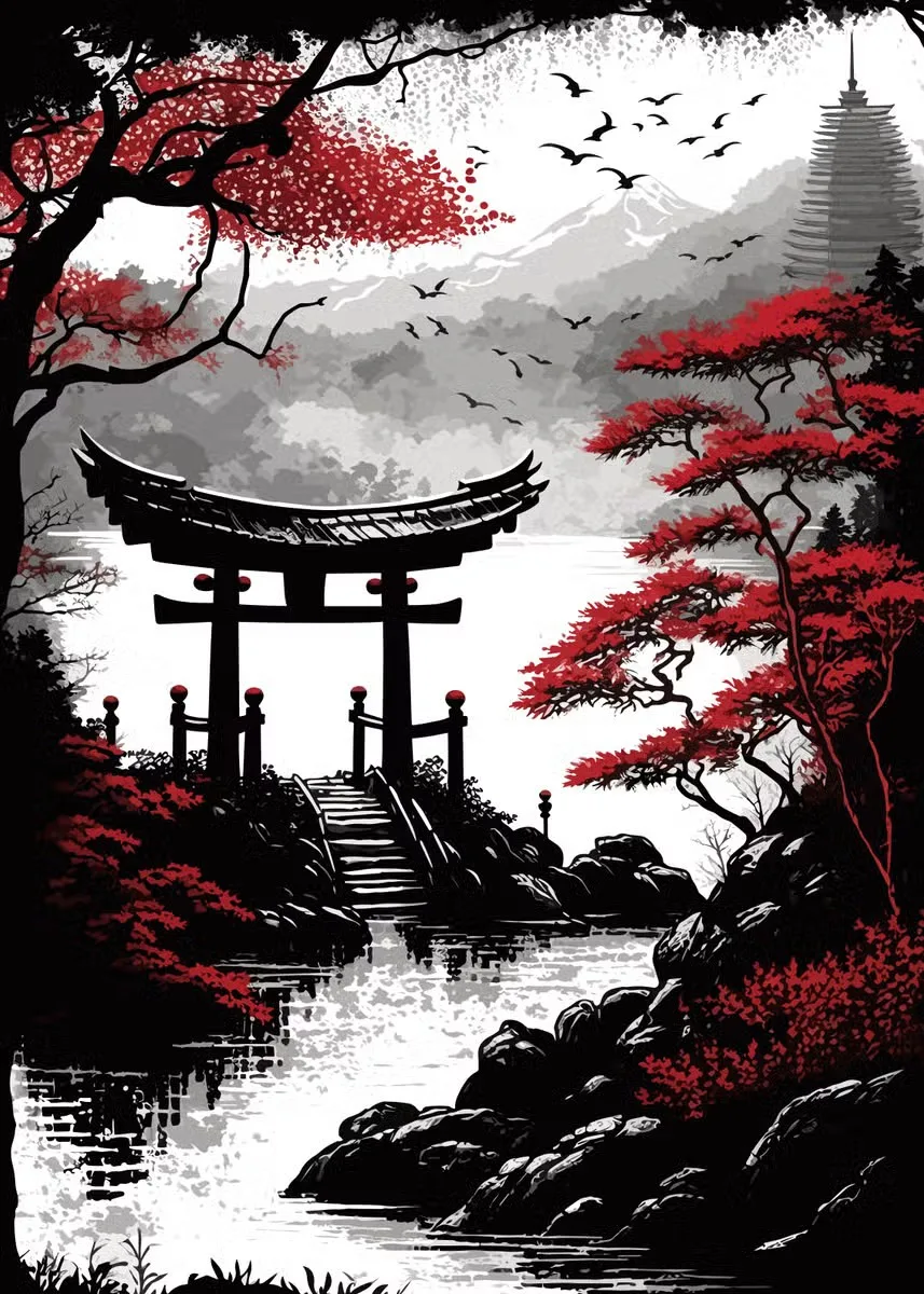 Tableau Japonais Temple et Montagnes - Image 5