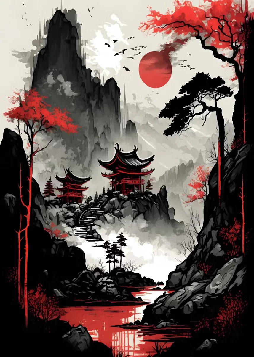 Tableau Japonais Temple et Montagnes - Image 6