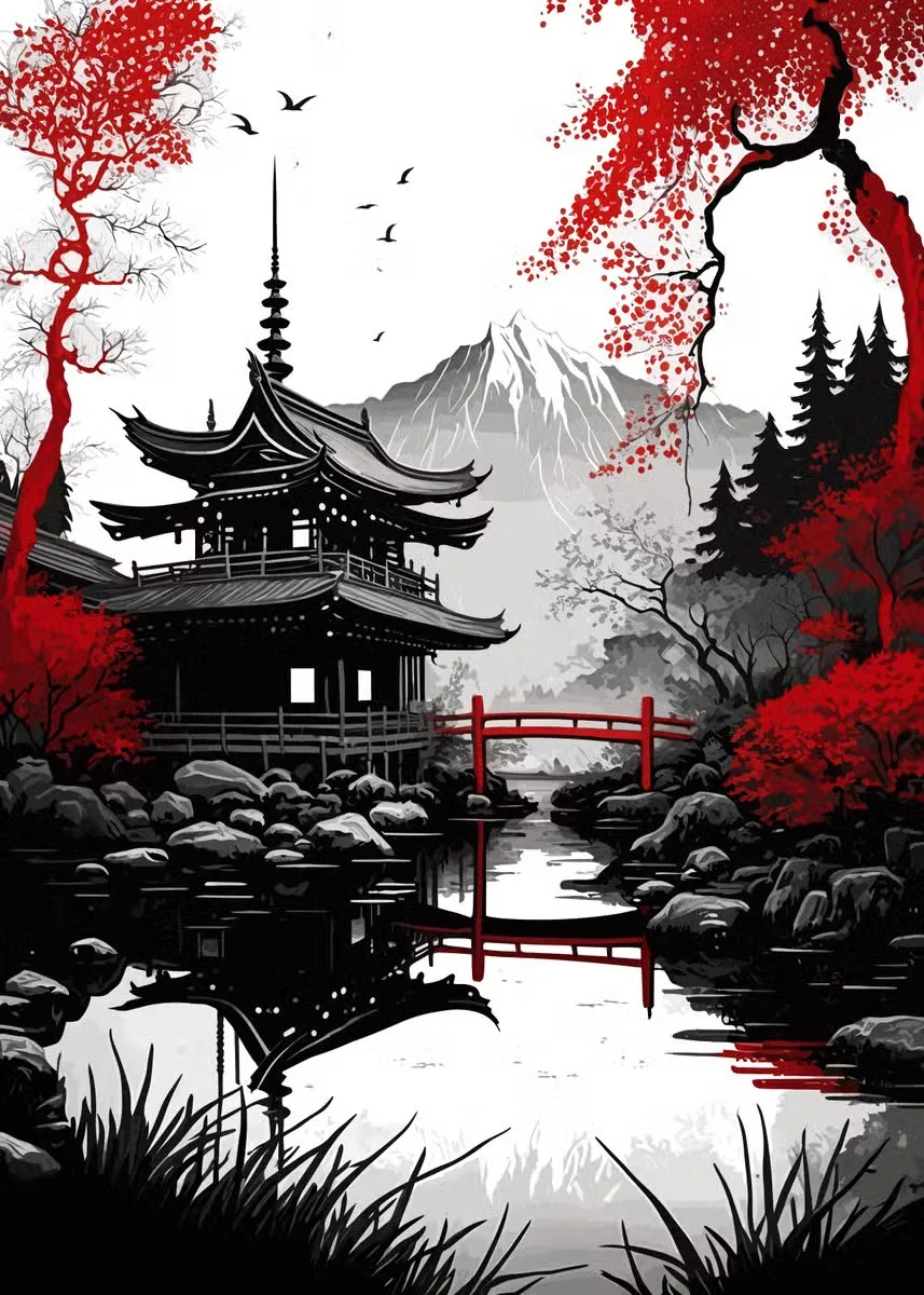 Tableau Japonais Temple et Montagnes - Image 7