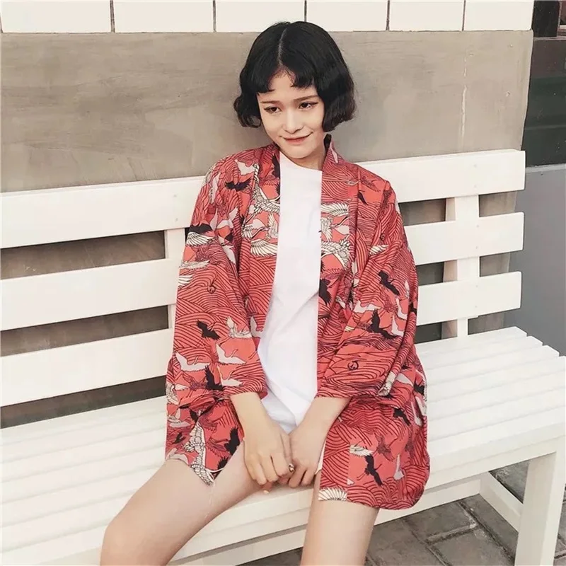 Veste Kimono Femme Grues Rouge - Image 2