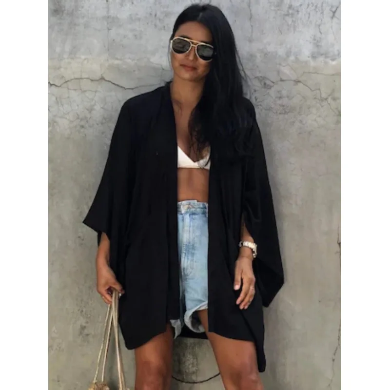 Veste Kimono Femme Noire Ample en Coton - Image 2