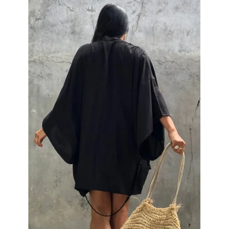 Veste Kimono Femme Noire Ample en Coton - Image 3