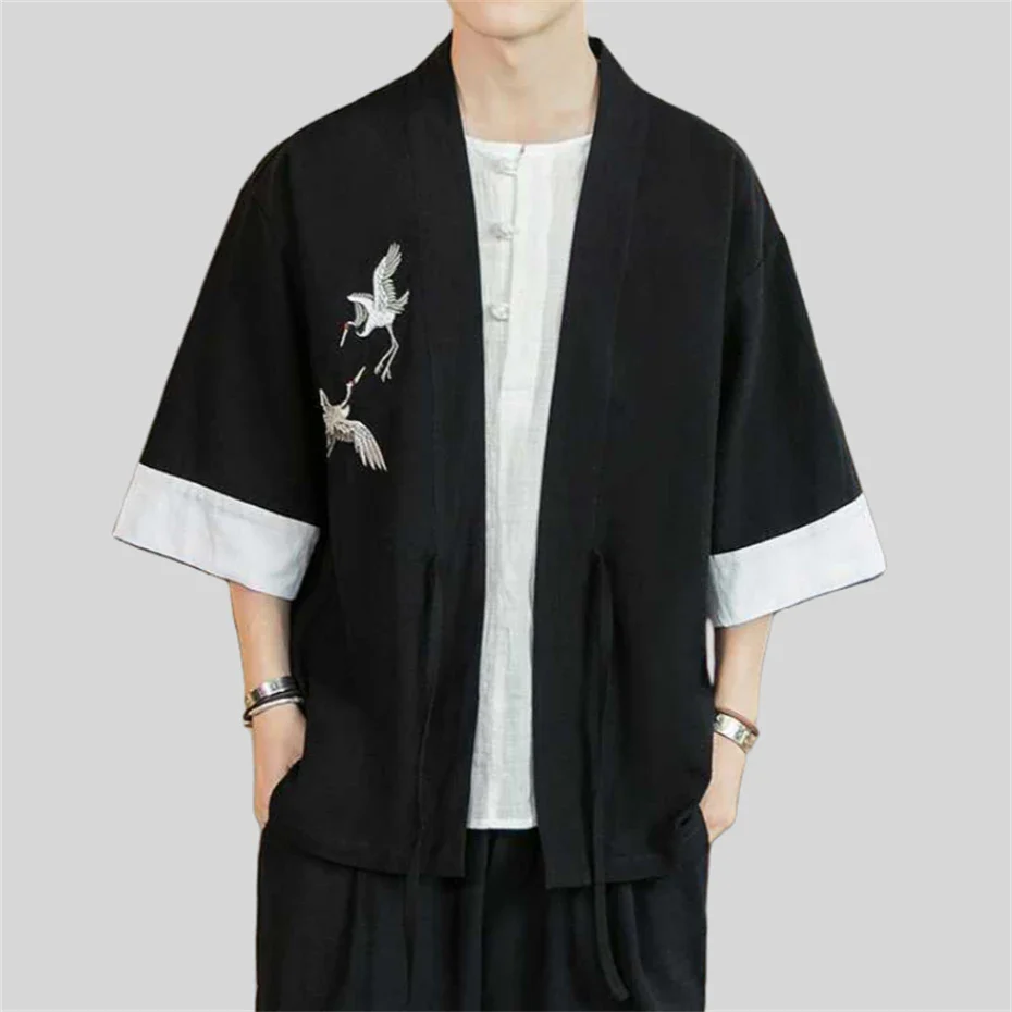 Veste Kimono Homme Grues en Lin