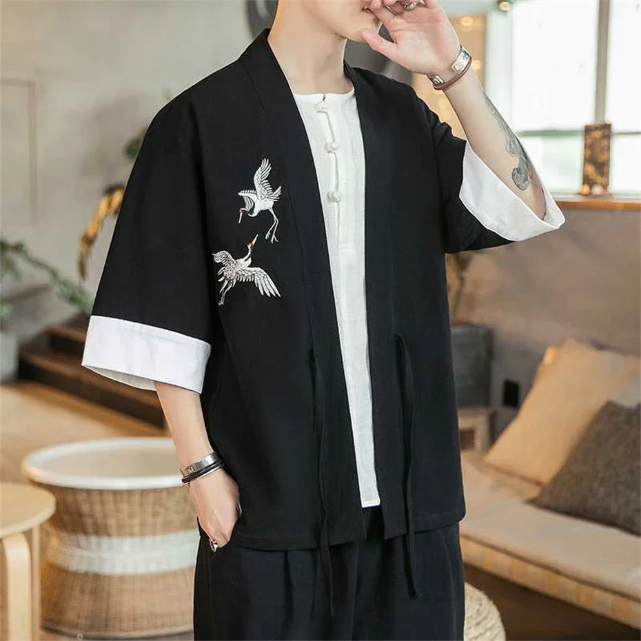 Veste Kimono Homme Grues en Lin - Image 2