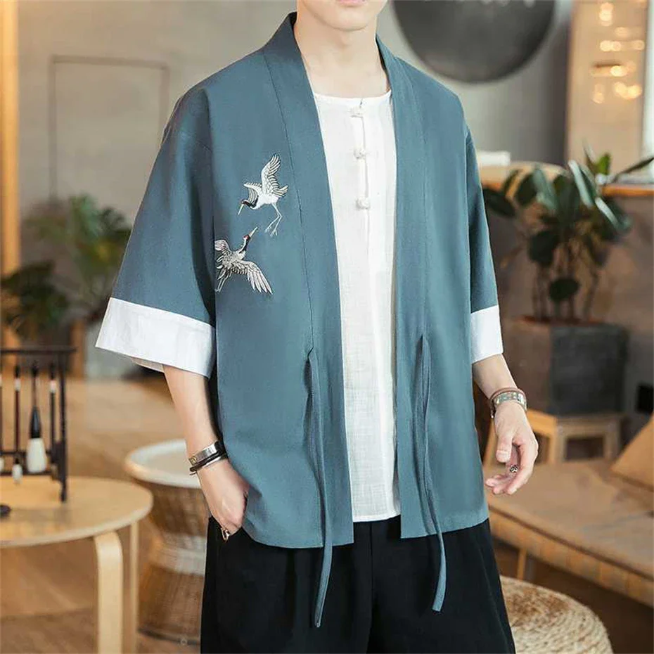 Veste Kimono Homme Grues en Lin - Image 4