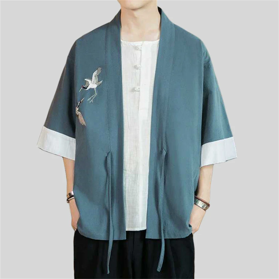 Veste Kimono Homme Grues en Lin - Image 5