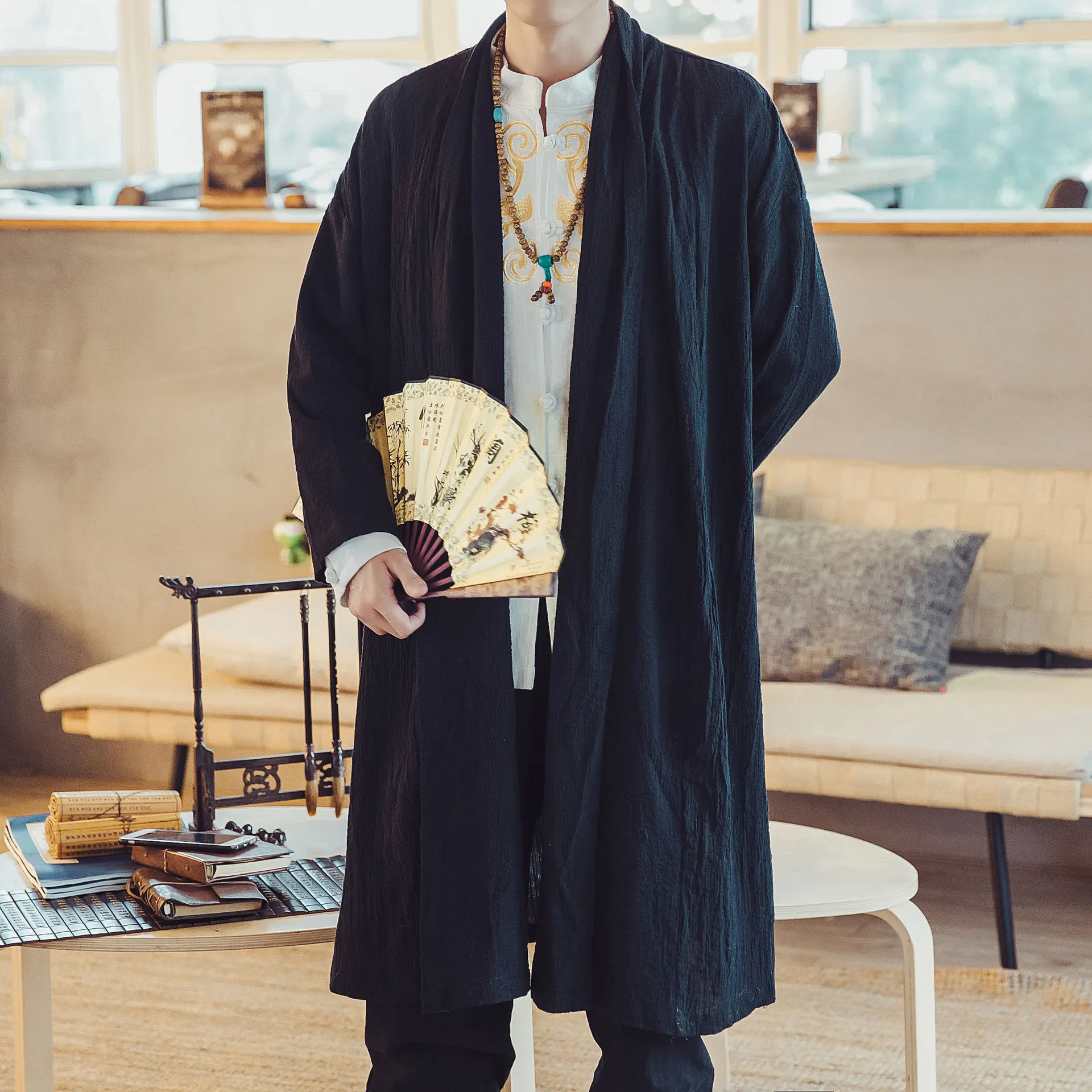 Veste Kimono Homme Longue Uni - Image 3