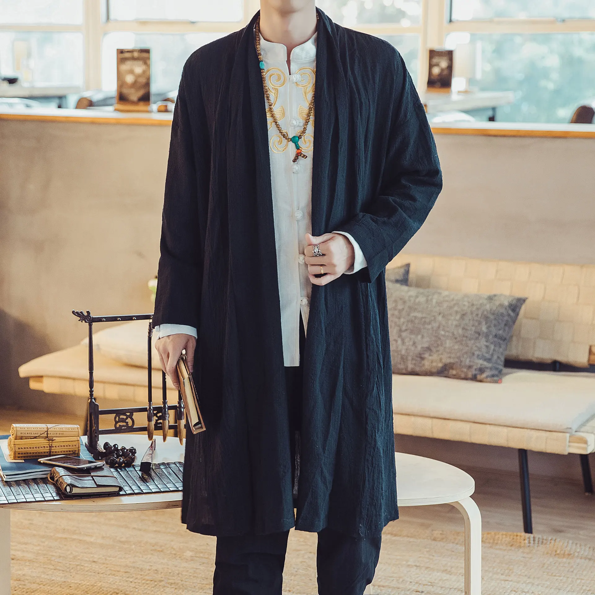 Veste Kimono Homme Longue Uni - Image 4