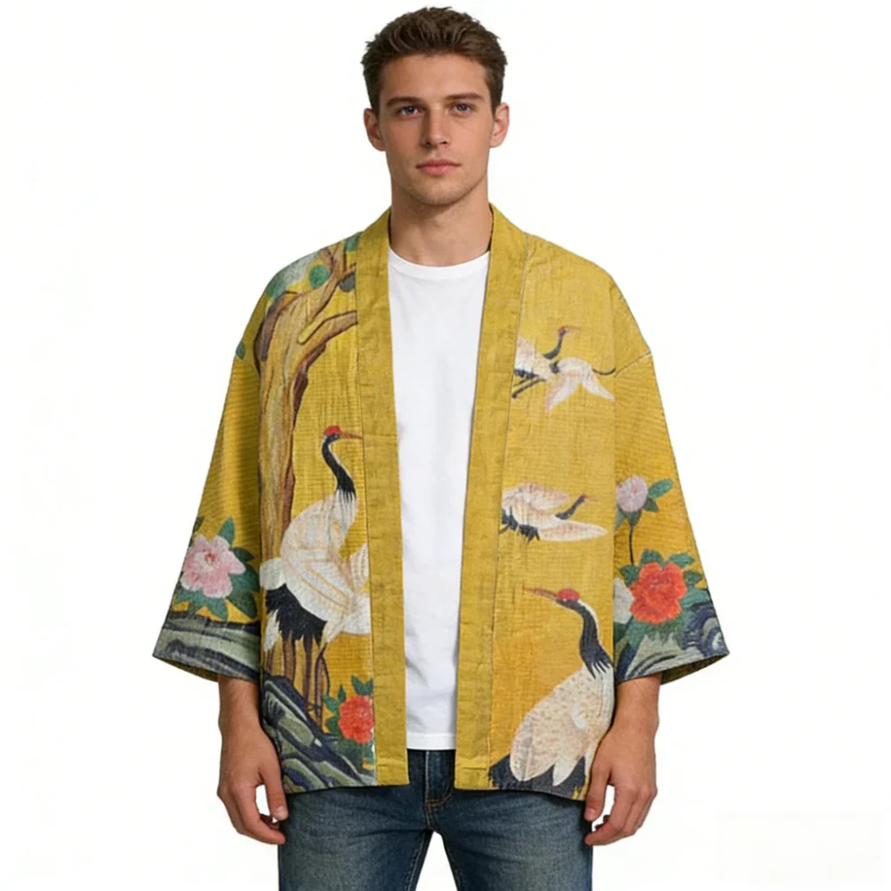 Veste Kimono Japonais Jaune Grues - Image 2