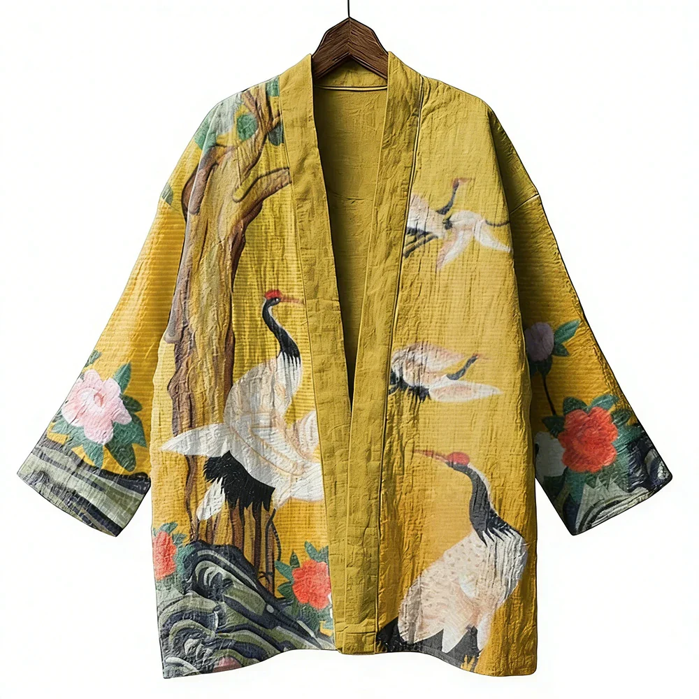 Veste Kimono Japonais Jaune Grues - Image 3