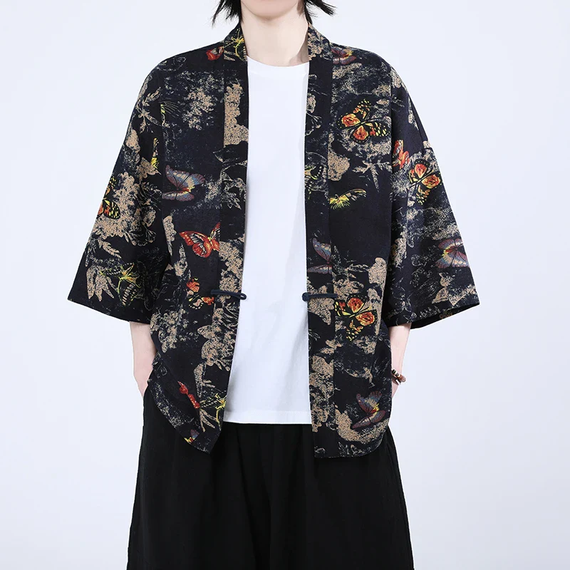 Veste Kimono Japonais Noire à Motifs Colorés